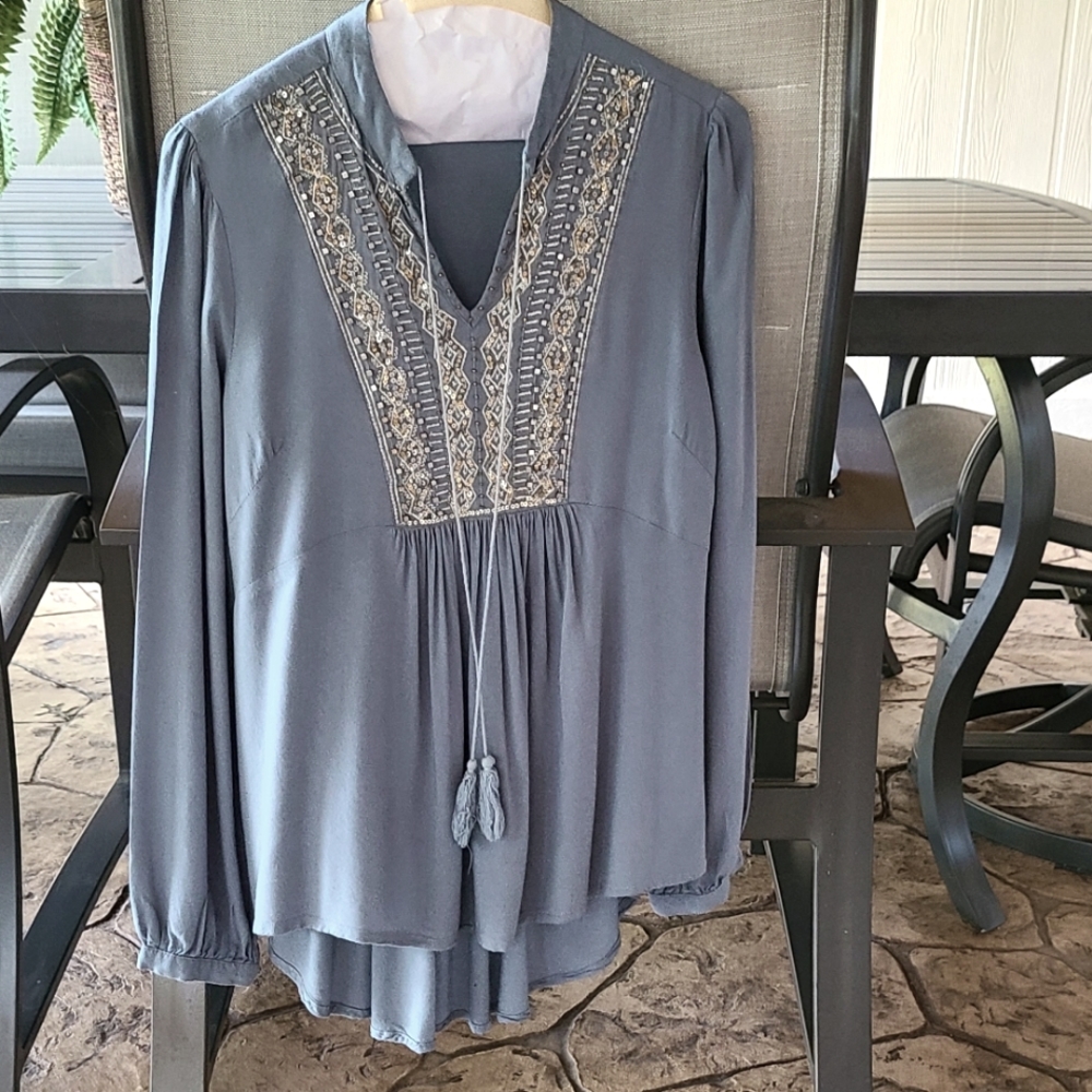 Blue Blouse with beading accent. Size Small